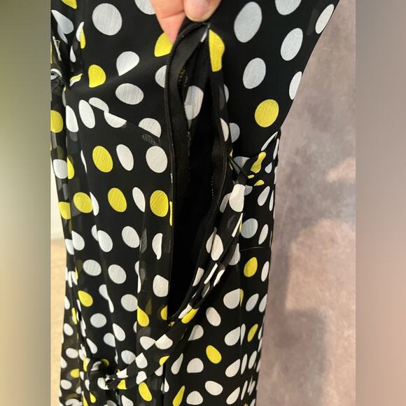 JBS Navy Blue Sheer Polka Dot Blouson Dress Yellow & White Dots Ruffled Hem 18WP - Picture 6 of 10